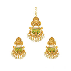 Generic Women's Rose Gold Plated Alloy Kundan Earrings & Mangtikka (Green)