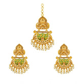 Generic Women's Rose Gold Plated Alloy Kundan Earrings & Mangtikka (Green)
