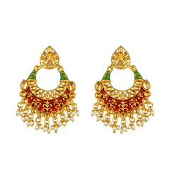 Generic Women's Rose Gold Plated Alloy Kundan Earrings & Mangtikka (Red & Green)