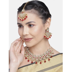 Generic Women's Rose Gold Plated Alloy Necklace & Earings Set (Red)