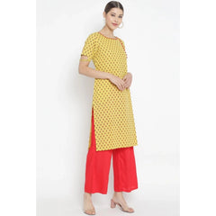 Generic Women's Casual Short Sleeves Floral Printed Cotton & Rayon Kurti Palazzo Set (Yellow & Red)