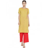 Generic Women's Casual Short Sleeves Floral Printed Cotton & Rayon Kurti Palazzo Set (Yellow & Red)