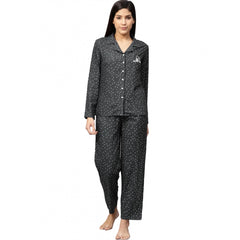 Generic Women's Casual Full Sleeves Polka Dot Printed Rayon Shirt With Pyjama Pant Night Suit Set (Grey)