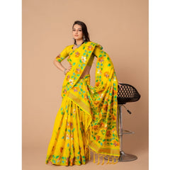 Generic Women's Cotton Printed Saree With Unstitched Blouse (Yellow, 5-6 Mtrs)