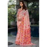 Generic Women's Cotton Printed Saree With Unstitched Blouse (Peach, 5-6 Mtrs)