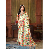 Generic Women's Organza Printed Saree With Unstitched Blouse (White, 5-6 Mtrs)