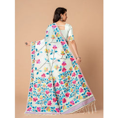 Generic Women's Cotton Printed Saree With Unstitched Blouse (White, 5-6 Mtrs)