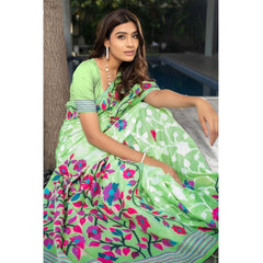Generic Women's Cotton Printed Saree With Unstitched Blouse (Green, 5-6 Mtrs)