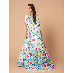 Generic Women's Cotton Printed Saree With Unstitched Blouse (White, 5-6 Mtrs)