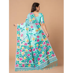 Generic Women's Cotton Printed Saree With Unstitched Blouse (Sky Blue, 5-6 Mtrs)