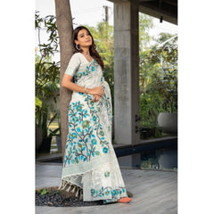 Generic Women's Cotton Printed Saree With Unstitched Blouse (White, 5-6 Mtrs)