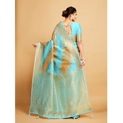Generic Women's Linen Printed Saree With Unstitched Blouse (Sky Blue, 5-6 Mtrs)