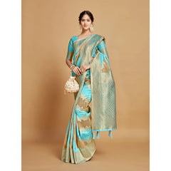 Generic Women's Linen Printed Saree With Unstitched Blouse (Sky Blue, 5-6 Mtrs)