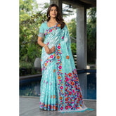 Generic Women's Cotton Printed Saree With Unstitched Blouse (Sky Blue, 5-6 Mtrs)