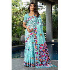 Generic Women's Cotton Printed Saree With Unstitched Blouse (Sky Blue, 5-6 Mtrs)