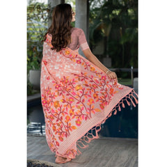 Generic Women's Cotton Printed Saree With Unstitched Blouse (Peach, 5-6 Mtrs)