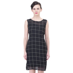 Generic Women's Cotton Blend Checked Sleeveless Sheath Dress (Black)