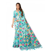 Generic Women's Cotton Printed Saree With Unstitched Blouse (Sky Blue, 5-6 Mtrs)