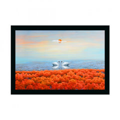 Generic Swan Pair Painting with Synthetic Photo Frame (Multicolor)