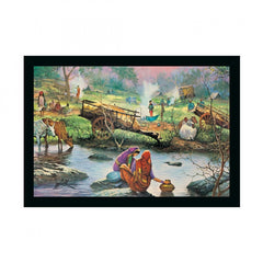 Generic Rajasthani Village Modern Art Painting with Synthetic Photo Frame (Multicolor)