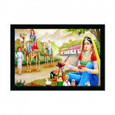 Generic Rajasthani Village Modern Art Painting with Synthetic Photo Frame (Multicolor)