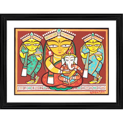 Generic Parvati Ganesh Painting With Wood Photo Frame (Multicolor)
