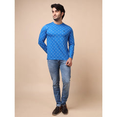 Generic Men's Casual Cotton Printed Round Neck Full Sleeve T-Shirt (Blue)