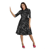 Generic Women's Ruby Cotton Printed Shirt Collar 3-4th Sleeve Dress (Black)