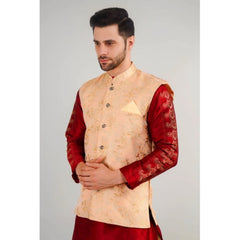 Generic Men's Jacquard Self-Design Sleeveless Mandarin Neck Waistcoat (Beige)