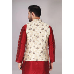 Generic Men's Jacquard Self-Design Sleeveless Mandarin Neck Waistcoat (Cream)