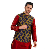 Generic Men's Jacquard Self-Design Sleeveless Mandarin Neck Waistcoat (Blue-Gold)