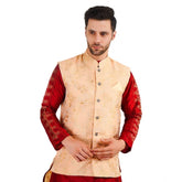 Generic Men's Jacquard Self-Design Sleeveless Mandarin Neck Waistcoat (Beige)