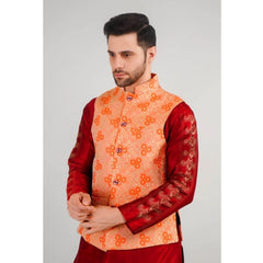 Generic Men's Jacquard Self-Design Sleeveless Mandarin Neck Waistcoat (Orange)