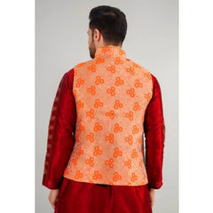 Generic Men's Jacquard Self-Design Sleeveless Mandarin Neck Waistcoat (Orange)