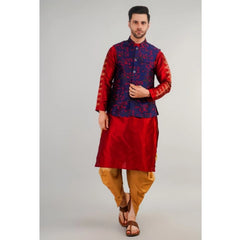 Generic Men's Jacquard Self-Design Sleeveless Mandarin Neck Waistcoat (Blue-Red)