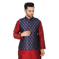 Generic Men's Jacquard Self-Design Sleeveless Mandarin Neck Waistcoat (NavyBlue-Gold)