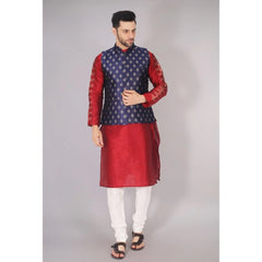 Generic Men's Jacquard Self-Design Sleeveless Mandarin Neck Waistcoat (NavyBlue-Gold)