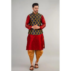 Generic Men's Jacquard Self-Design Sleeveless Mandarin Neck Waistcoat (Blue-Gold)