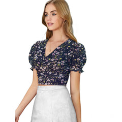 Generic Women's Knitting Printed V-Neck Puff Sleeve Tops (Navy Blue)