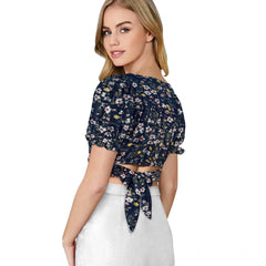 Generic Women's Knitting Printed V-Neck Puff Sleeve Tops (Navy Blue)