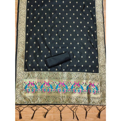 Generic Women's Banarasi Silk Printed Unstitched Salwar Suit Material With Dupatta (Black, 3Mtrs)
