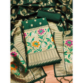 Generic Women's Banarasi Silk Printed Unstitched Salwar Suit Material With Dupatta (Green, 3Mtrs)