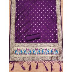 Generic Women's Banarasi Silk Printed Unstitched Salwar Suit Material With Dupatta (Purple, 3Mtrs)