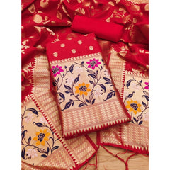 Generic Women's Banarasi Silk Printed Unstitched Salwar Suit Material With Dupatta (Red, 3Mtrs)