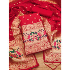 Generic Women's Banarasi Silk Printed Unstitched Salwar Suit Material With Dupatta (Red, 3Mtrs)