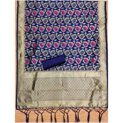 Generic Women's Banarasi Silk Printed Unstitched Salwar Suit Material With Dupatta (Navy Blue, 3Mtrs)