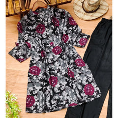 Generic Women's Muslin Printed Mandarin Collar 3-4th Sleeve Kurti With Pant Set (Grey)