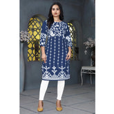 Generic Women's Rayon Printed Round Neck 3-4th Sleeve Kurti (Blue)