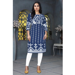 Generic Women's Rayon Printed Round Neck 3-4th Sleeve Kurti (Blue)