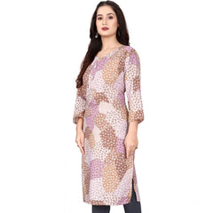 Generic Women's Rayon Printed Round Neck 3-4th Sleeve Kurti (Brown)